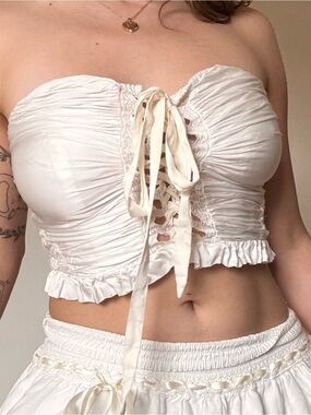 Free People Ivory Lace-Up Ruched Cropped Bustier Top